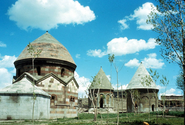 Emir Saltuk Kümbet - View from southwest of three tombs known as "Üç Kümbetler"; the mausoleum of Emir Saltuk is seen on the left
