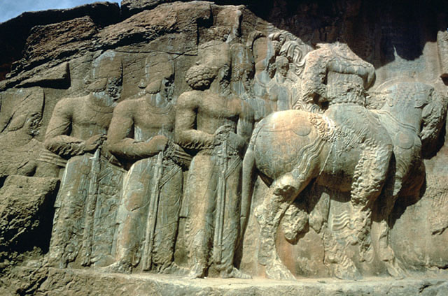 Second relief: King Shapur I on horseback followed by a group of nobles