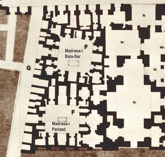 Partial floor plan of complex, showing locations of Madrasas of the Head -- Madrasa-i Bala-Sar and Madrasa-i Parizad -- to the northwest or 'at the head' of the Tomb Chamber (to the right, not seen)