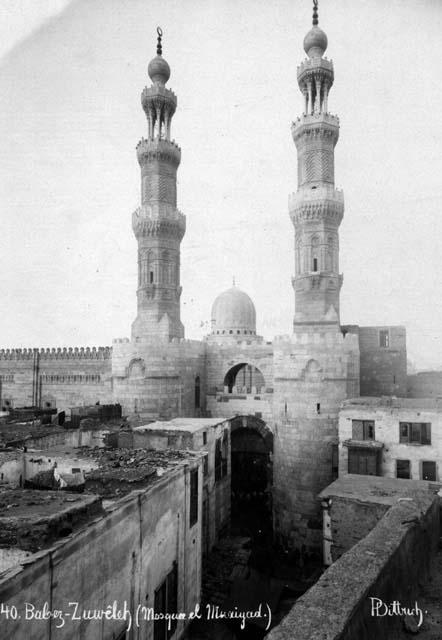 Historic view with minarets and dome of the Mosque of al-Mu'ayyad