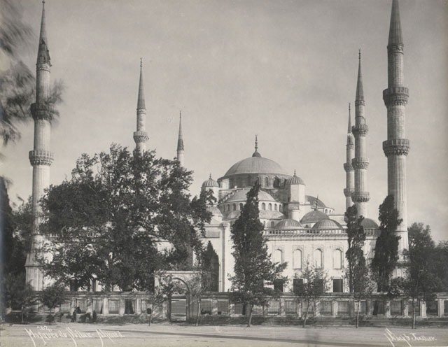 View of mosque from northwest, looking towards central entry to precinct and mosque courtyard