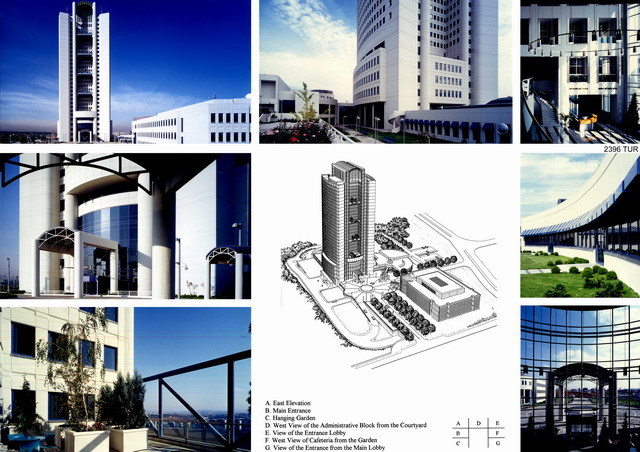 Presentation panel with perspective drawing with legend, and exterior and interior views