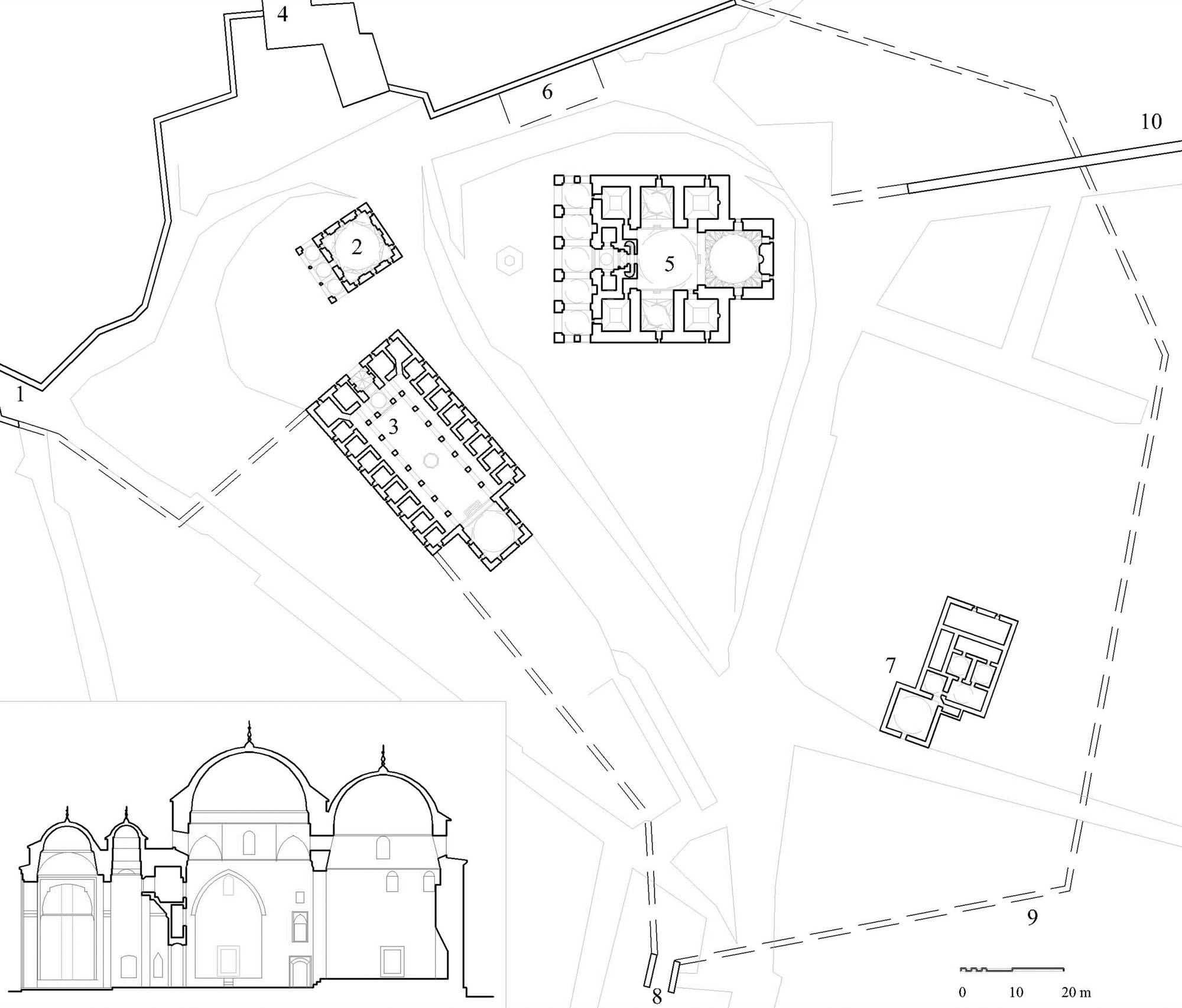 Yıldırım Bayezid Külliyesi - Floor plan of complex showing (1) gate, (2) mausoleum, (3) madrasa, (4) site of royal garden palace, (5) convent-masjid, (6) hospice, (7) bathhouse, (8) gate, (9) reconstruction of precinct wall, (10) aqueduct. DWG file in AutoCAD 2000 format. Click the download button to download a zipped file containing the .dwg file.