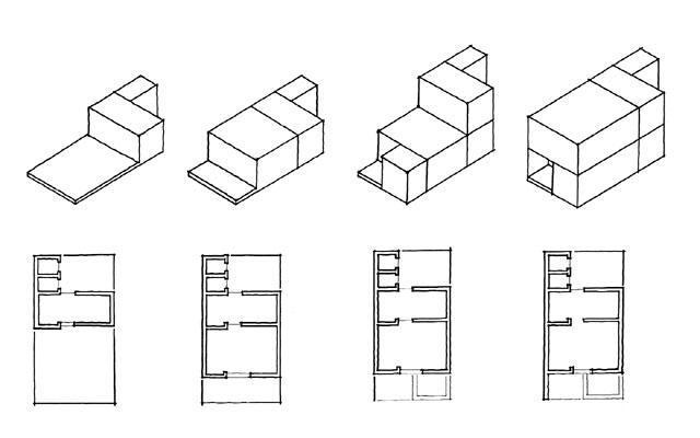 B&W drawing, axonometric showing possible configurations on a standard plot
