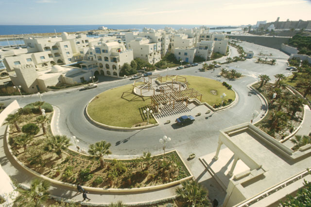 Aerial view showing central roundabout before development