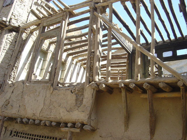 View of timber frame after removal of brick infill, during restoration
