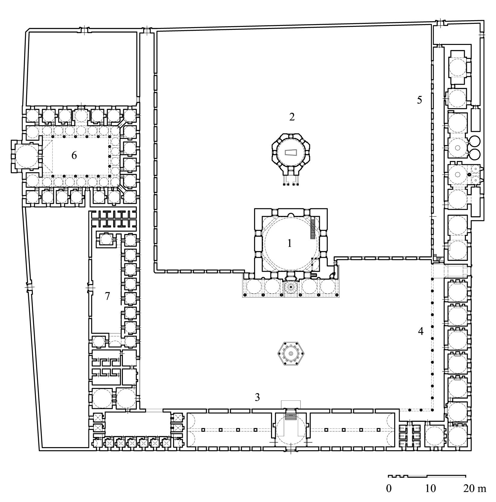 Çoban Mustafa Pasa Külliyesi - Floor plan of complex, showing (1) mosque, (2) mausoleum, (3)  double caravanserai, (4) guest rooms, (5) hospice, (6) madrasa, (7) convent. DWG file in AutoCAD 2000 format. Click the download button to download a zipped file containing the .dwg file.