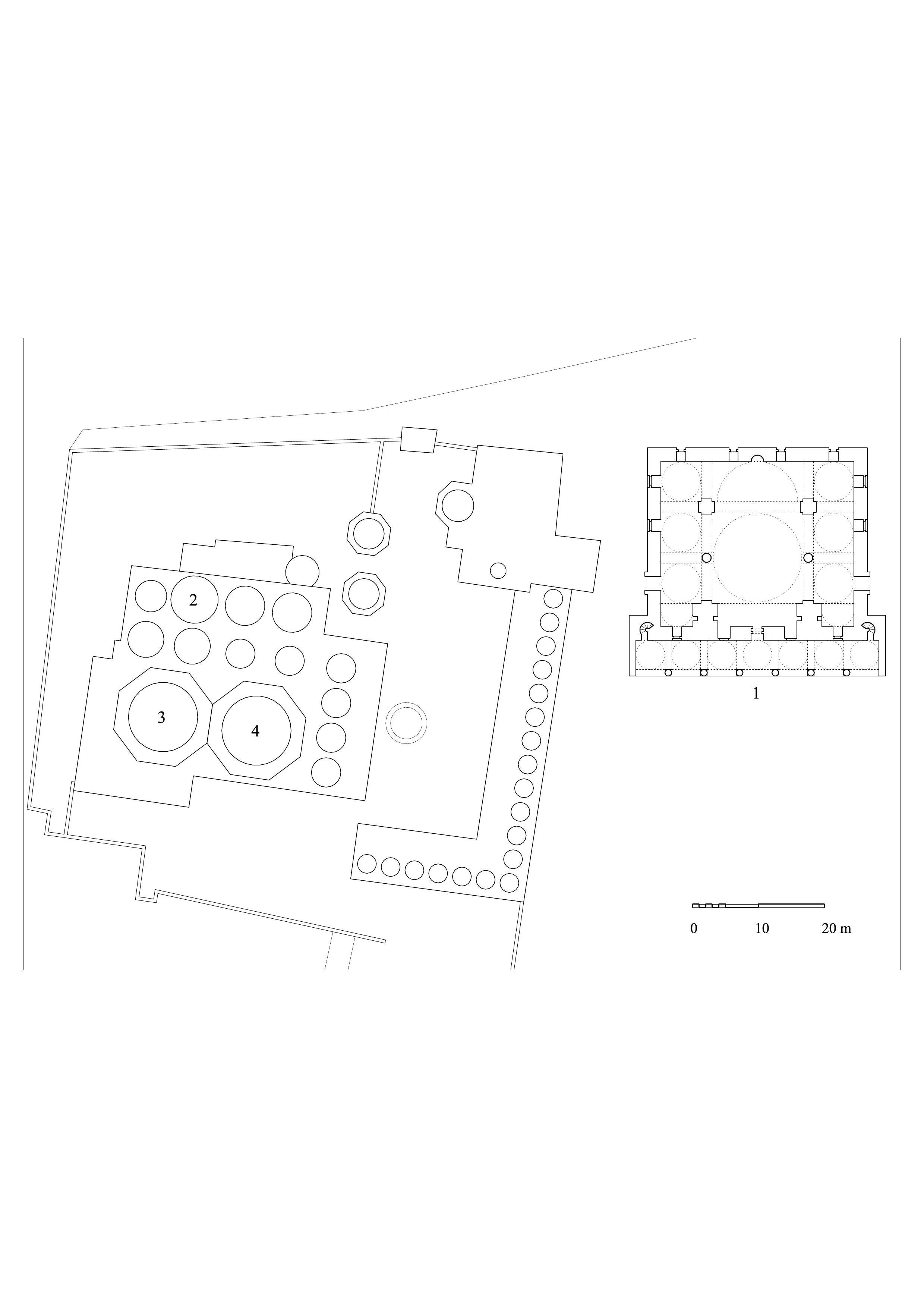 Selimiye Camii - Floor plan of mosque (1) and adjoining Mevlana Complex, showing (2) Mevlana Tomb, (3) ritual hall of convent, (4) masjid. DWG file in AutoCAD 2000 format. Click the download button to download a zipped file containing the .dwg file.