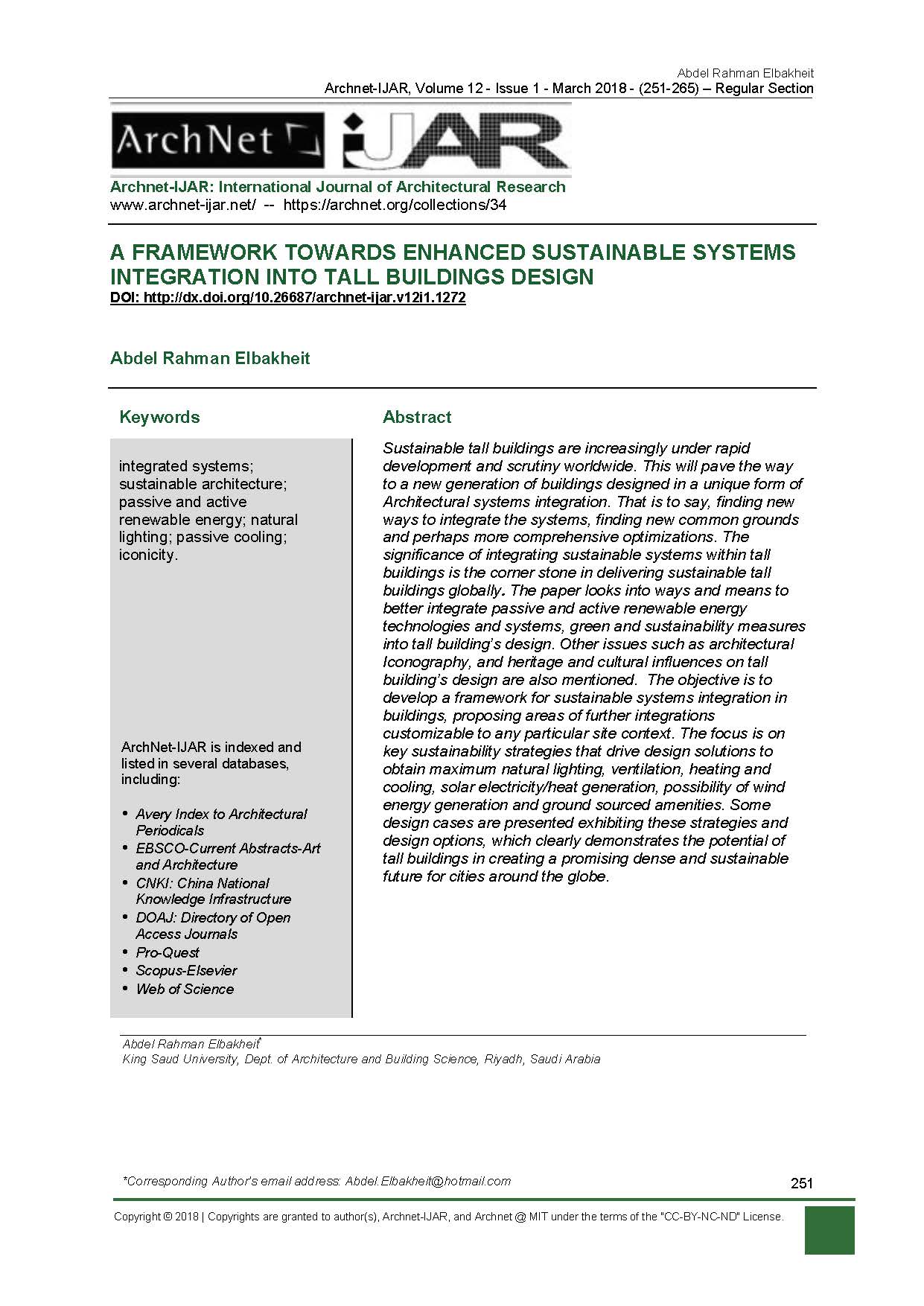 A Framework Towards Enhanced Sustainable Systems Integration into Tall Buildings Design