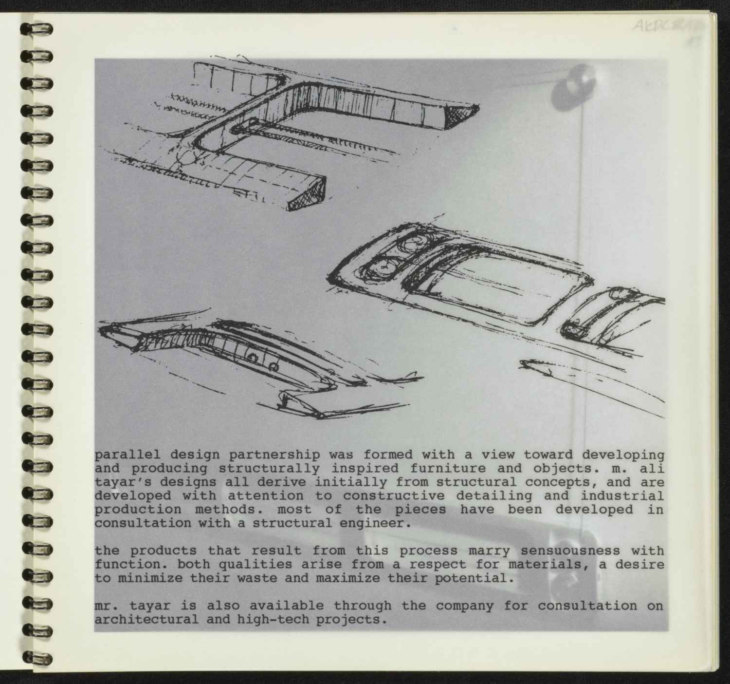 Parallel Design  - A catalogue detailing various furniture and object designs produced by Ali Tayar and Parallel Design Partnership through approximately 1995. Included in the booklet are "Niloo's Table" (1994), the "Hawkeye Bracket" (1995), and "Nick's Trivet" (1994).