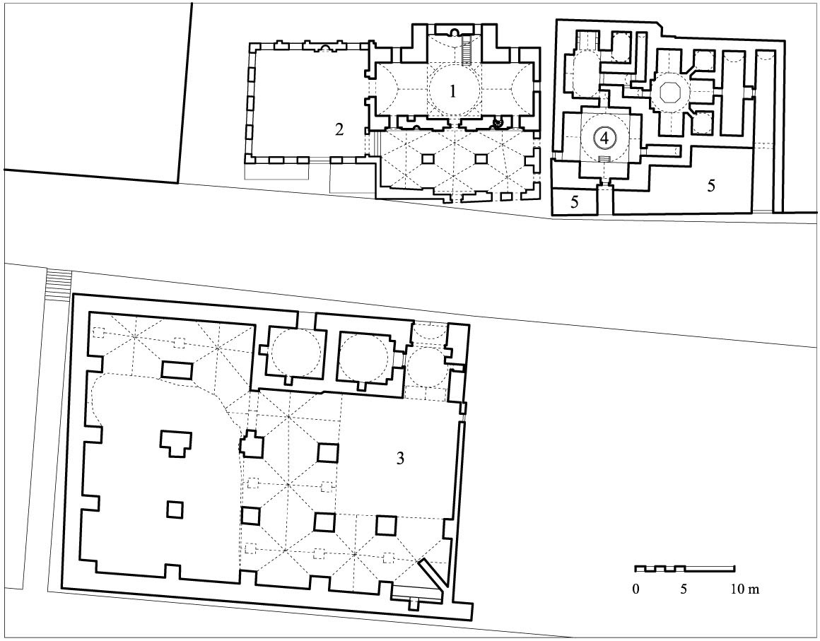 Sultan Süleyman Complex - Floor plan of complex, showing (1) mosque, (2) later extension of mosque, (3) remains of double caravanserai, (4) bathhouse, (5) shops. DWG file in AutoCAD 2000 format. Click the download button to download a zipped file containing the .dwg file.