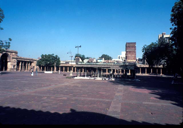 View looking north across the courtyard, with the ablution basin at center
