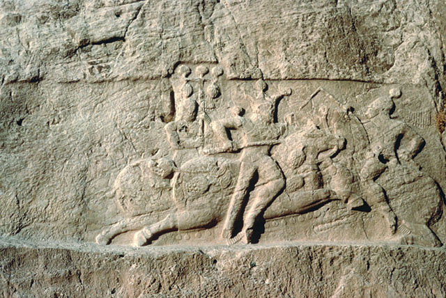 Third relief: Bahram II on horseback fighting an adversary, general view.