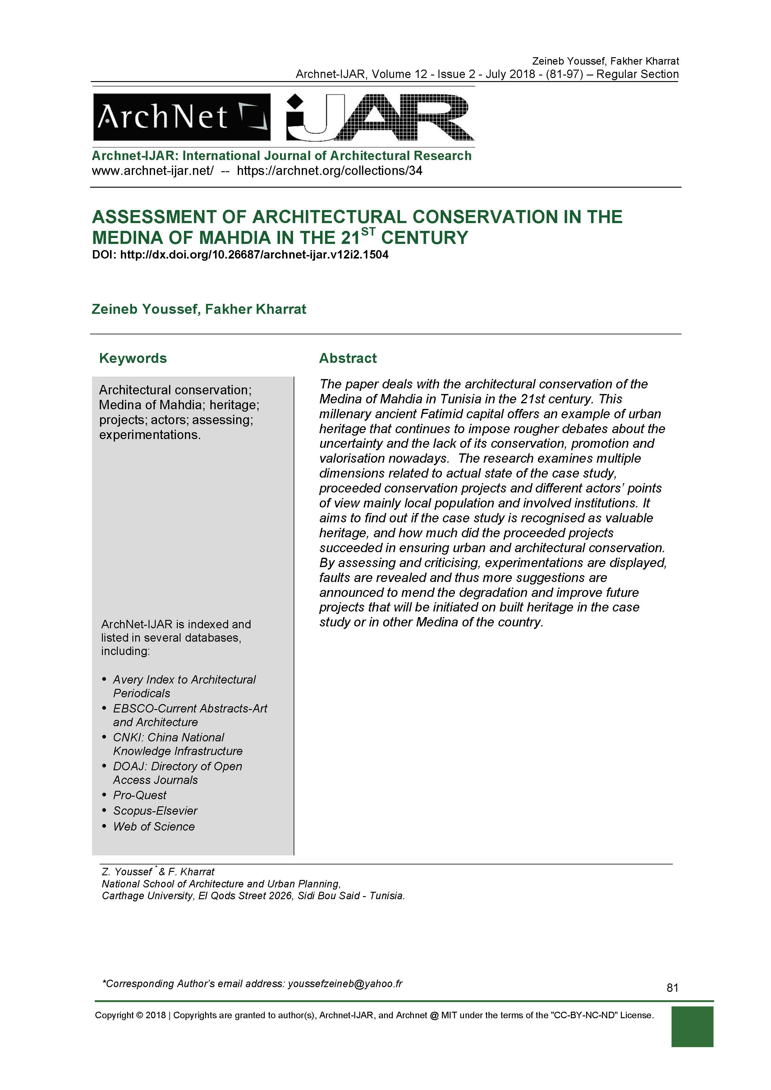 Assessment of Architectural Conservation in the Medina of Mahdia in the 21st Century