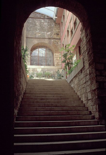 View of stairhall leads up to the eastern corner of the second courtyard from vaulted corridor on Atmeydani