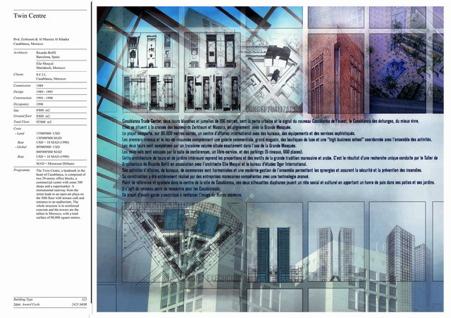 Presentation panel with project description and architectural drawings