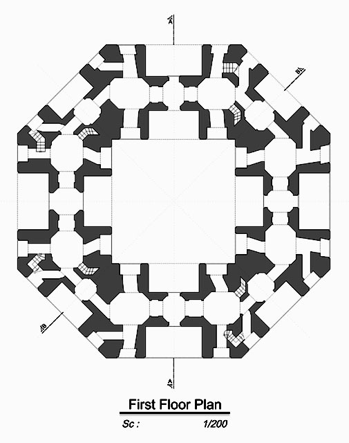 Floor plan, marked with location of cross-sections A-A' and B-B'