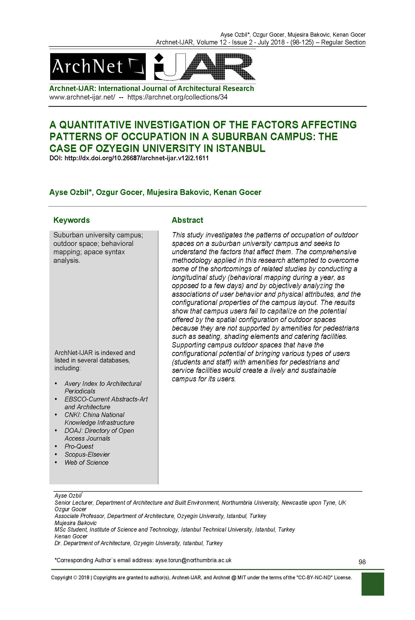 A Quantitative Investigation of the Factors Affecting Patterns of Occupation in a Suburban Campus: The Case of Ozyegin University in Istanbul