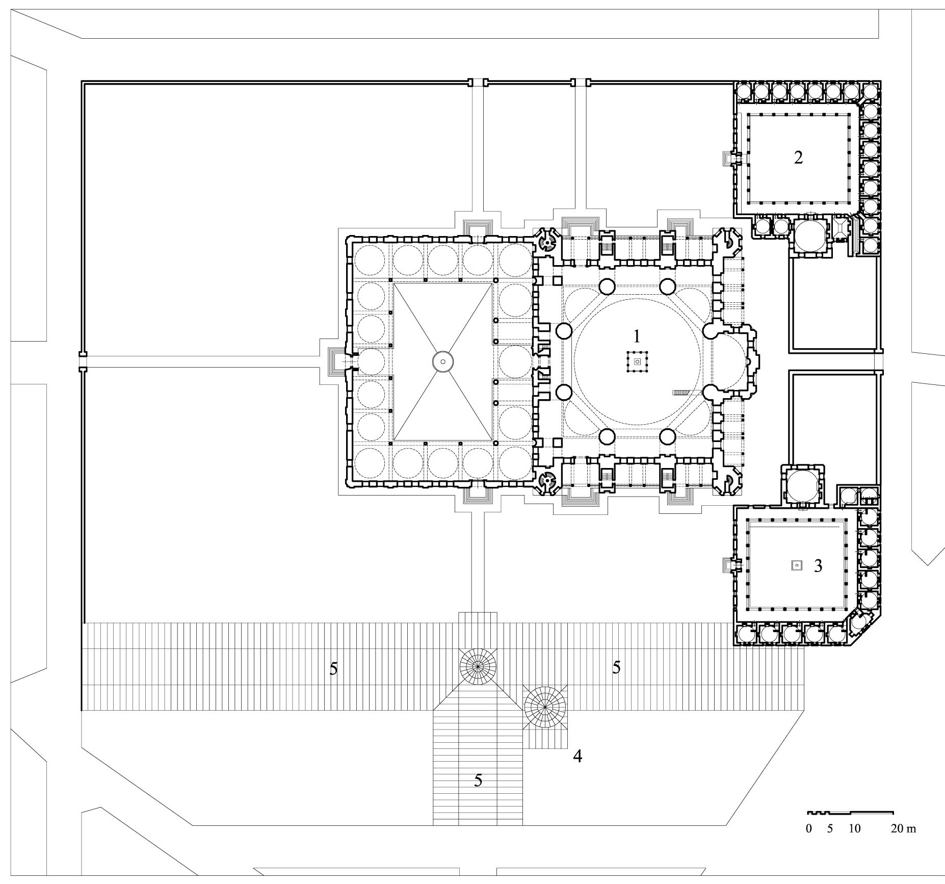 Selimiye Külliyesi - Floor plan of the complex showing (1) mosque, (2) madrasa (hadith college), (3) madrasa (Koran recitation school), (4) elementary school, (5) bazaar (<i>arasta</i>). DWG file in AutoCAD 2000 format. Click the download button to download a zipped file containing the .dwg file.
