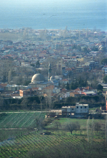 Elevated view from northeast, taken from the hill of Abdülvahhap, showing the location of mosque in the city with the Iznik lake in the background