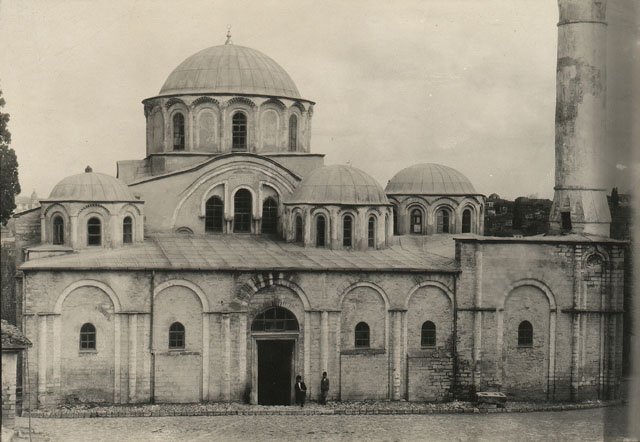 Elevated view from west, prior to 20th c. restoration, the narthex has a taller bay at the minaret end and half the windows on the dome are blocked