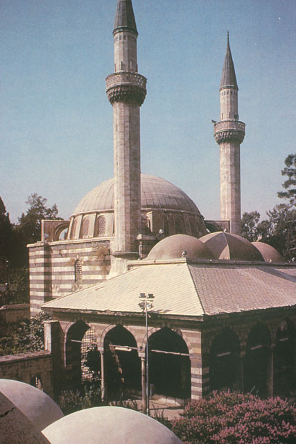 Elevated view of the mosque and portico, looking east