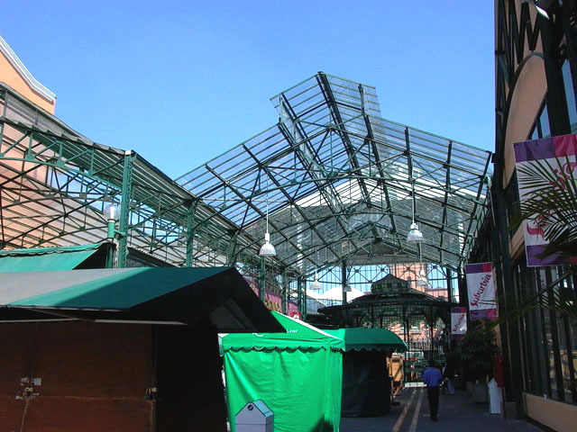 Exterior view of glass roof and trusses of market hall