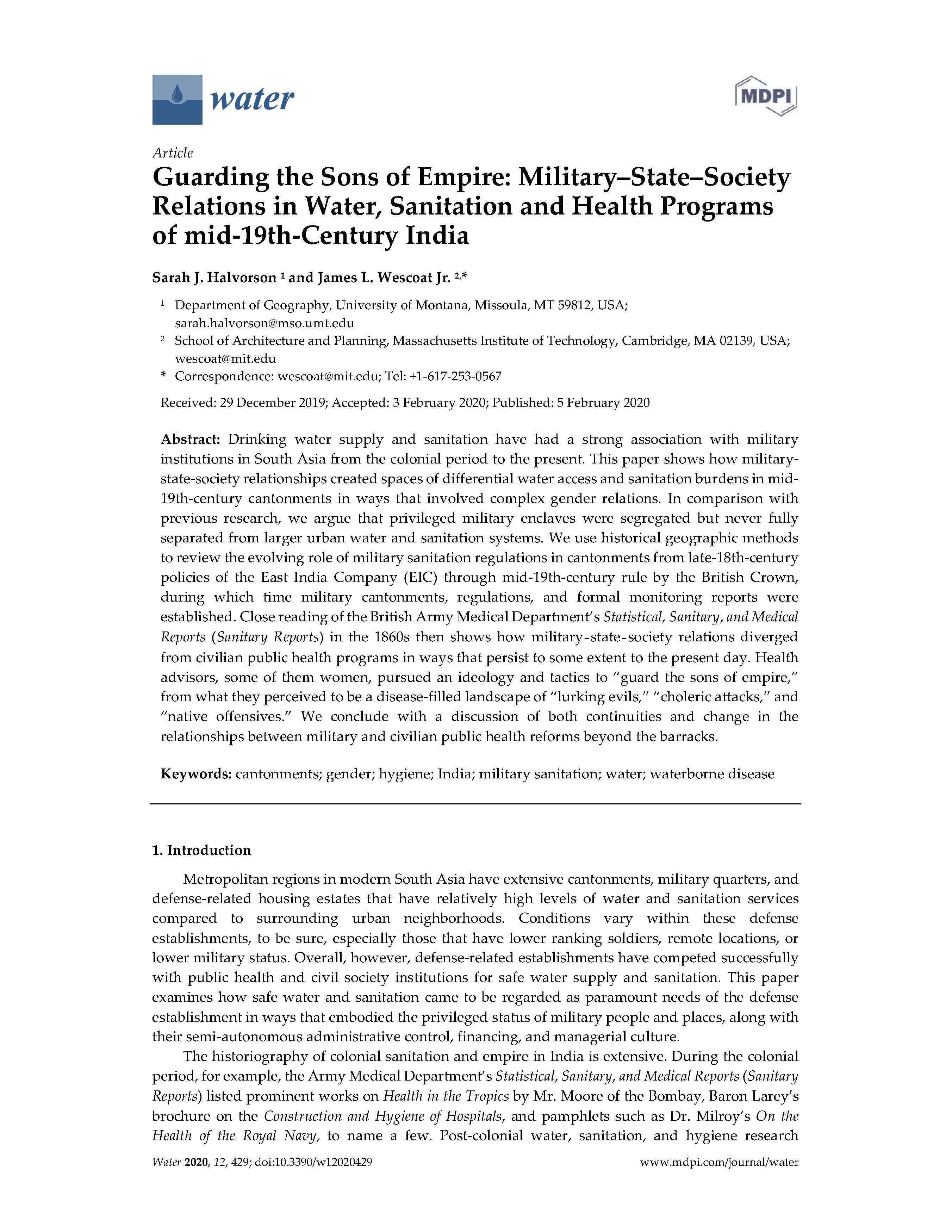 Guarding the Sons of Empire: Military-State-Society Relations in Water, Sanitation and Health Programs of mid-19th-Century India