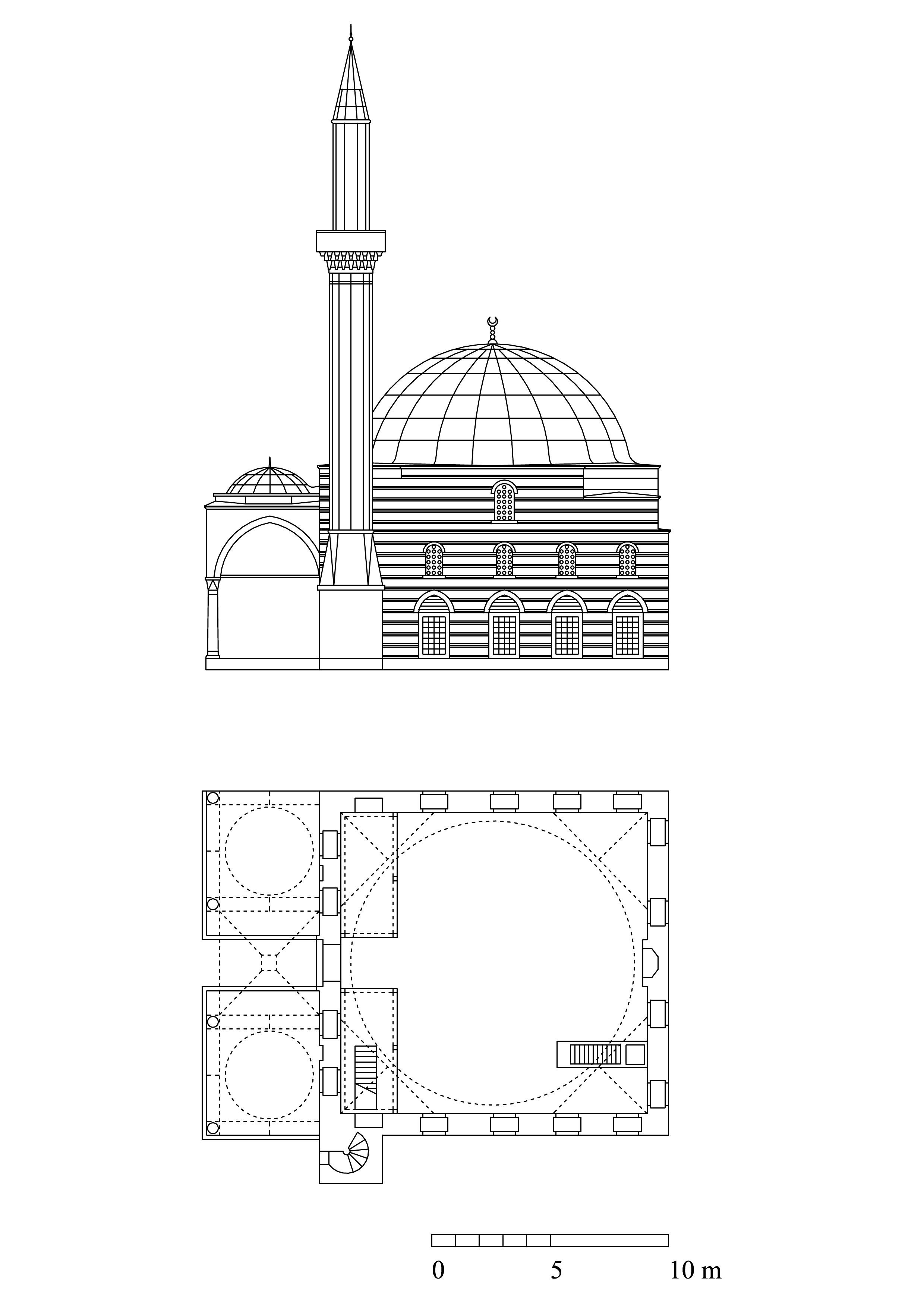 Floor plan and elevation of Defterdar Mustafa Pasa Mosque