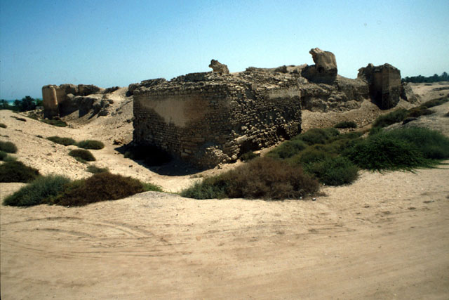 Exterior view of ruins of stone wall, before restoration