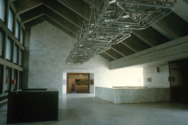 Interior view showing pitched wood and beam articulations