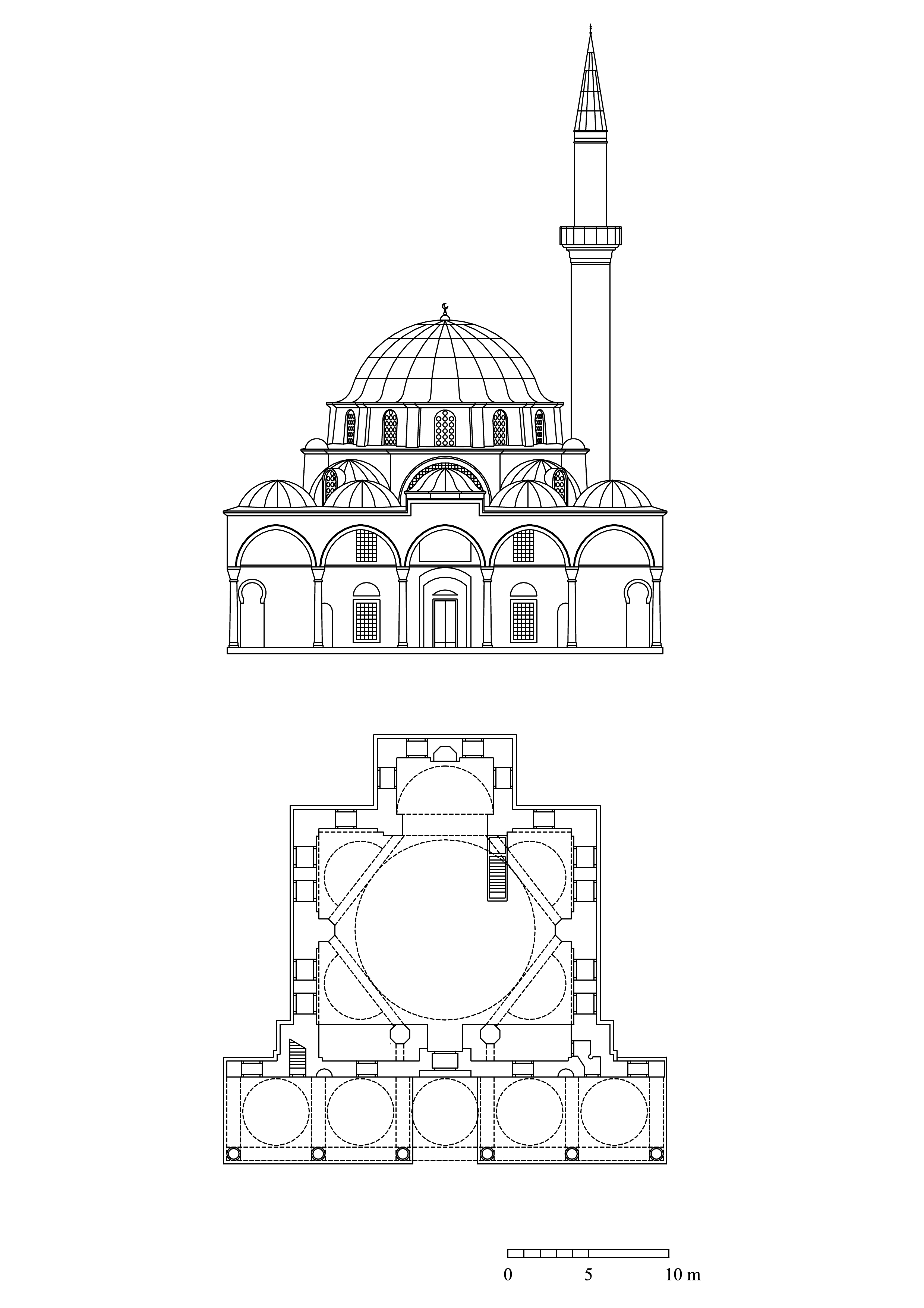 Floor plan and elevation of Molla Çelebi Mosque