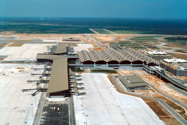 Aerial view showing runways and terminals