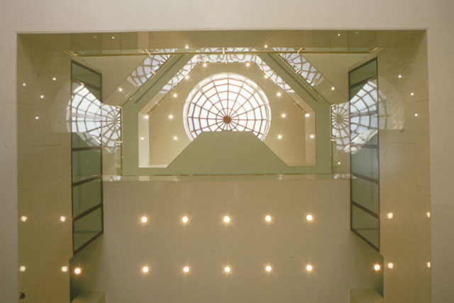 Interior detail to glass dome and pocket lighting