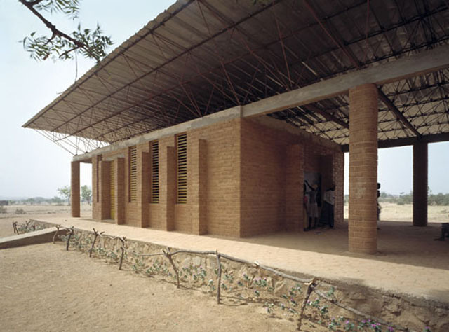 Partial exterior view from southeast, showing the western classroom and covered patio