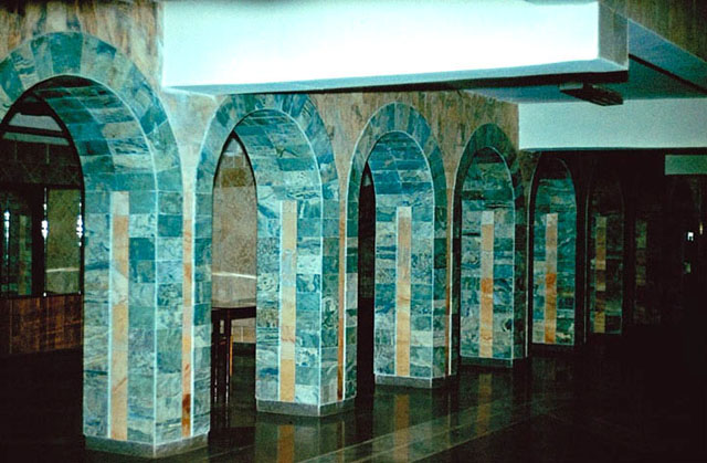 Interior, supporting pillars, stone clad