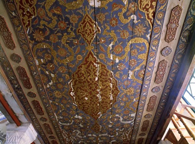 Interior detail; painted wooden ceiling of muezzin's platform (müezzin mahfili)