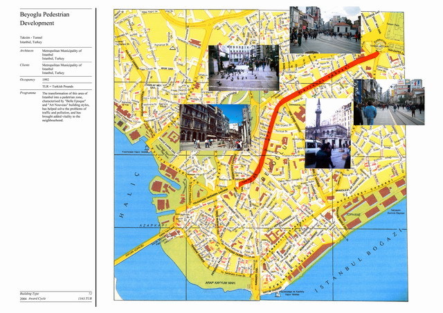 Presentation panel; street plan showing location of Istiklal street (in red), with general views
