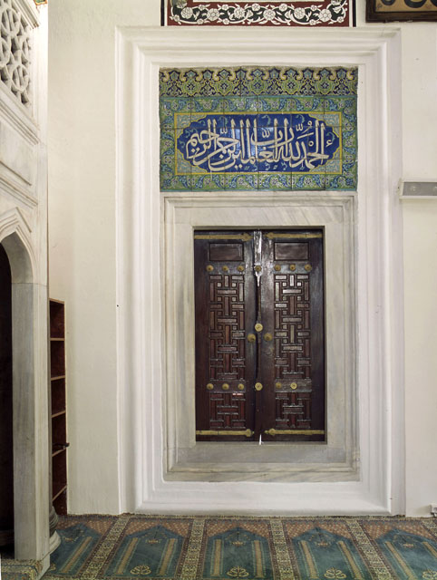 Interior detail; cuerda seca tile lunette on qibla wall