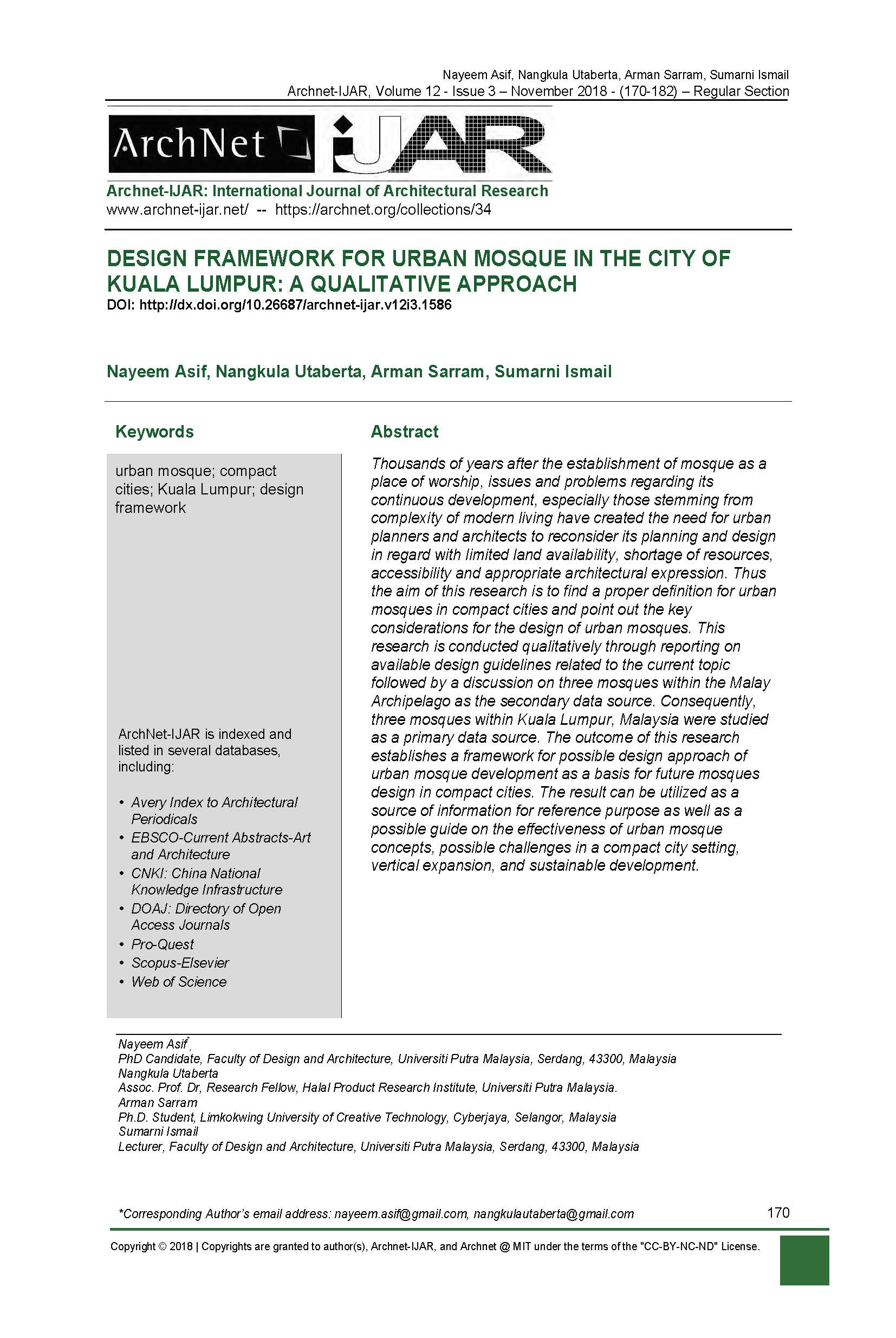 Design Framework for Urban Mosque in the City of Kuala Lumpur: A Qualitative Approach