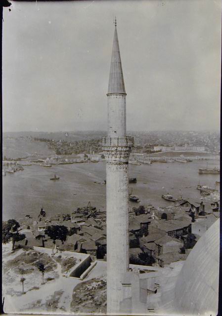 View from southwest minaret showing Fener neighborhood below, accessed with steps (Kirk Merdiven) from the mosque precinct, and shipyards across the Golden Horn