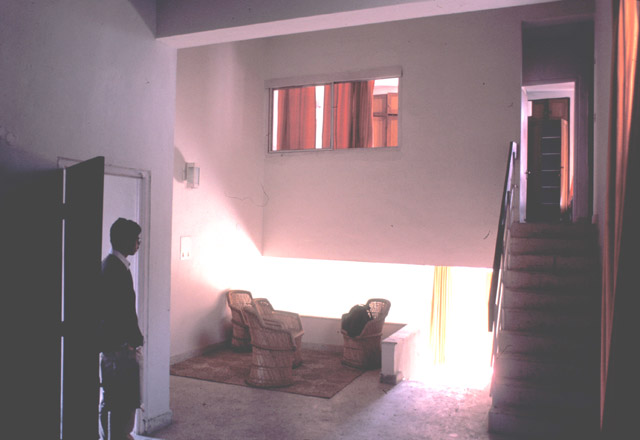 Interior view of a typical apartment, with different living functions arranged at split levels