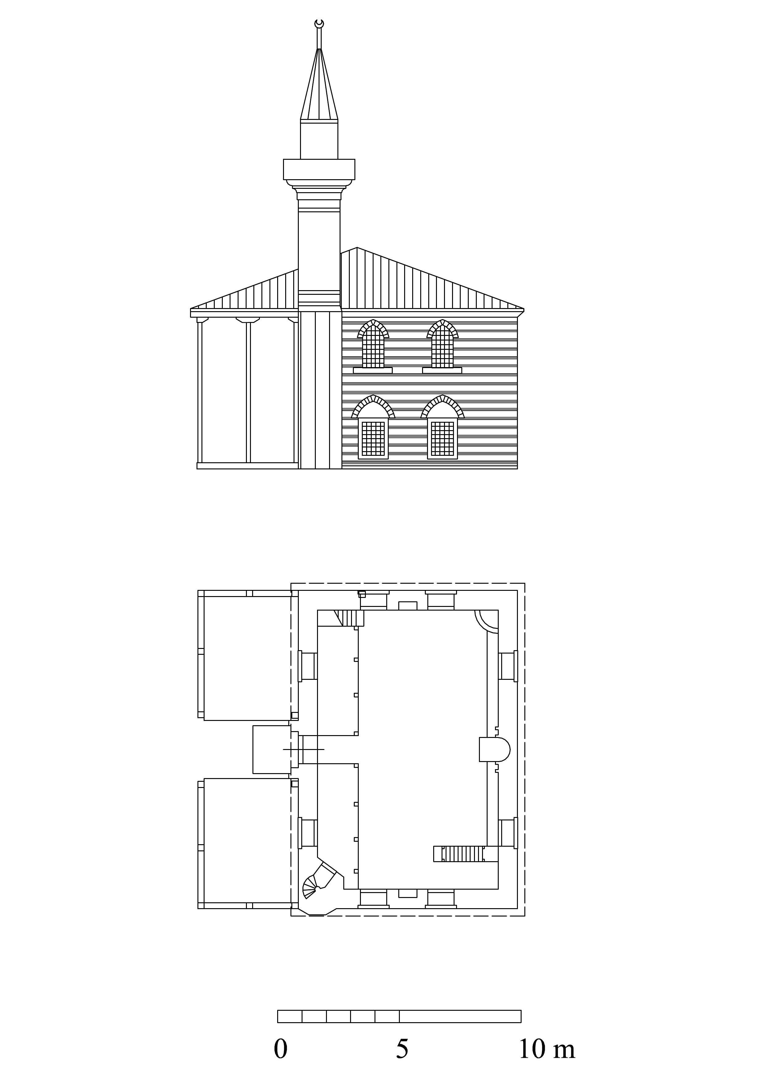 Hürrem Çavuş Camii - Floor plan and elevation with hypothetical reconstruction of portico. DWG file in AutoCAD 2000 format. Click the download button to download a zipped file containing the .dwg file.