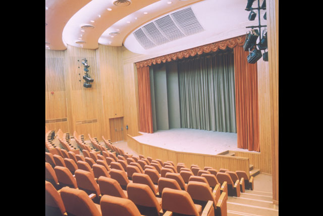 Interior view showing hall and stage