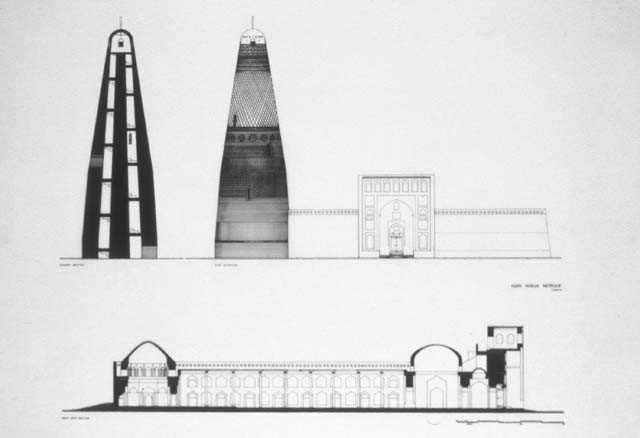 Eastern elevation of mosque and minaret with minaret cross-section, and east-west section through mosque
