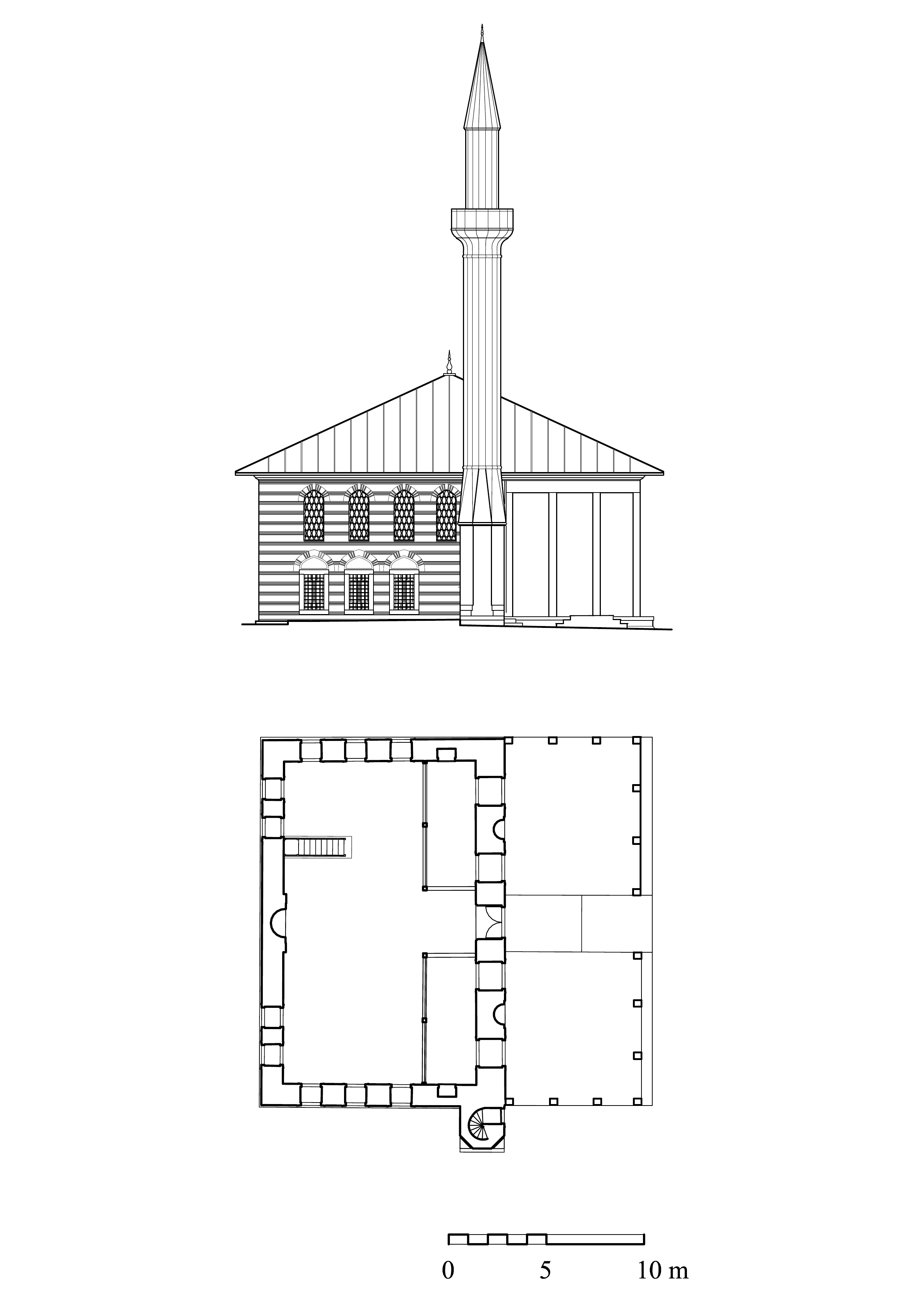 Odabasi Behruz Aga Mosque - Floor plan and elevation with hypothetical reconstruction of portico. DWG file in AutoCAD 2000 format. Click the download button to download a zipped file containing the .dwg file.