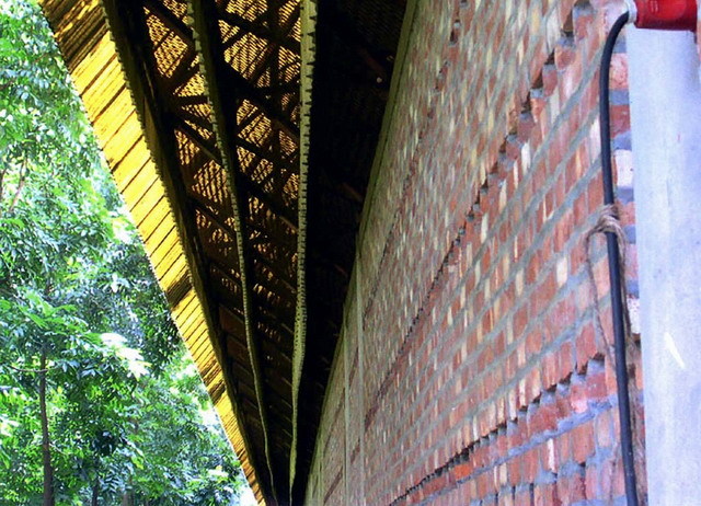 Exterior detail; brick wall and canopy