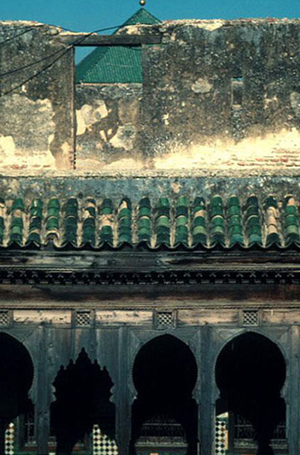 Detail, green tile roofs and third floor arcade