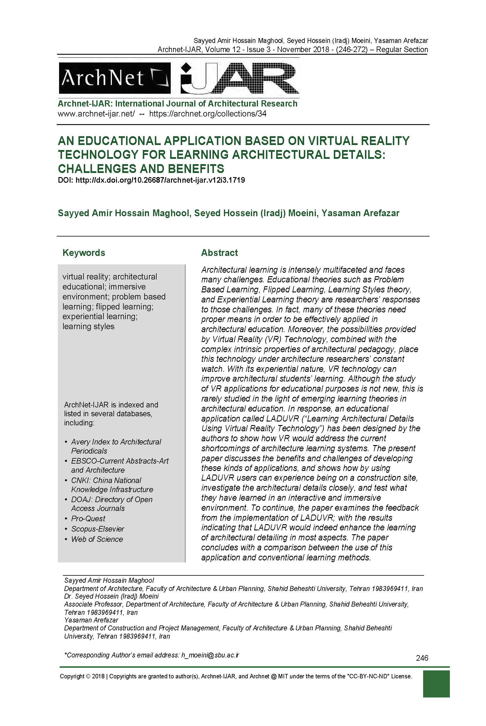 An Educational Application Based on Virtual Reality Technology for Learning Architectural Details: Challenges and Benefits