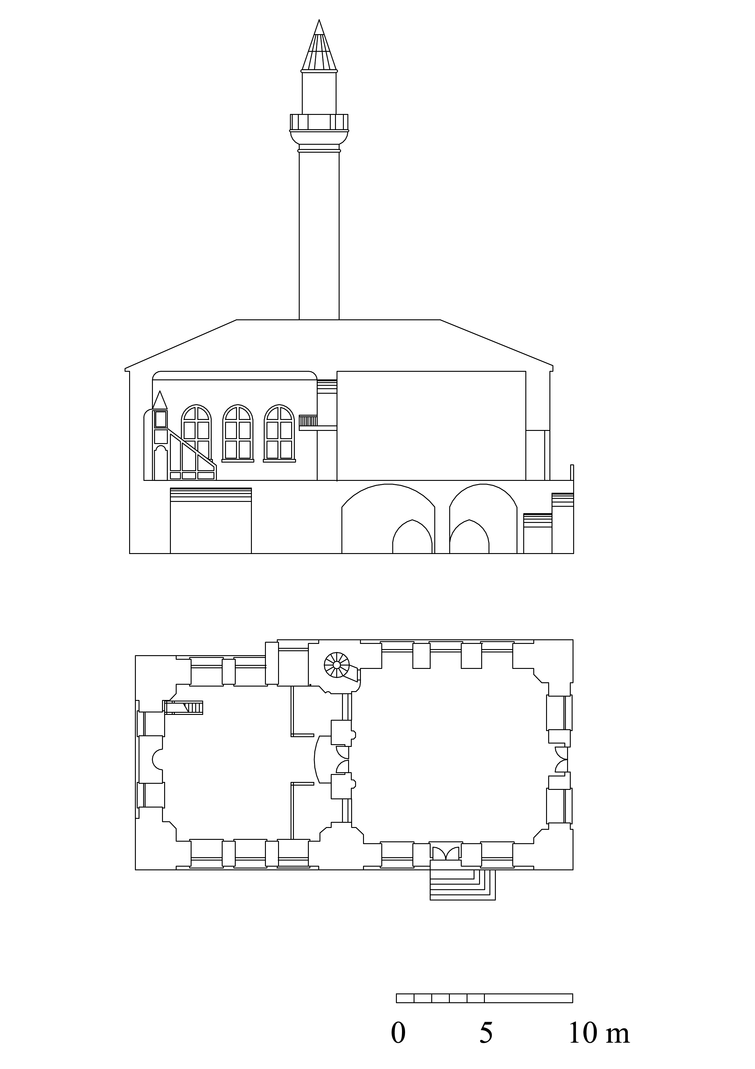Floor plan and section of Kapiagasi Mahmud Aga Mosque